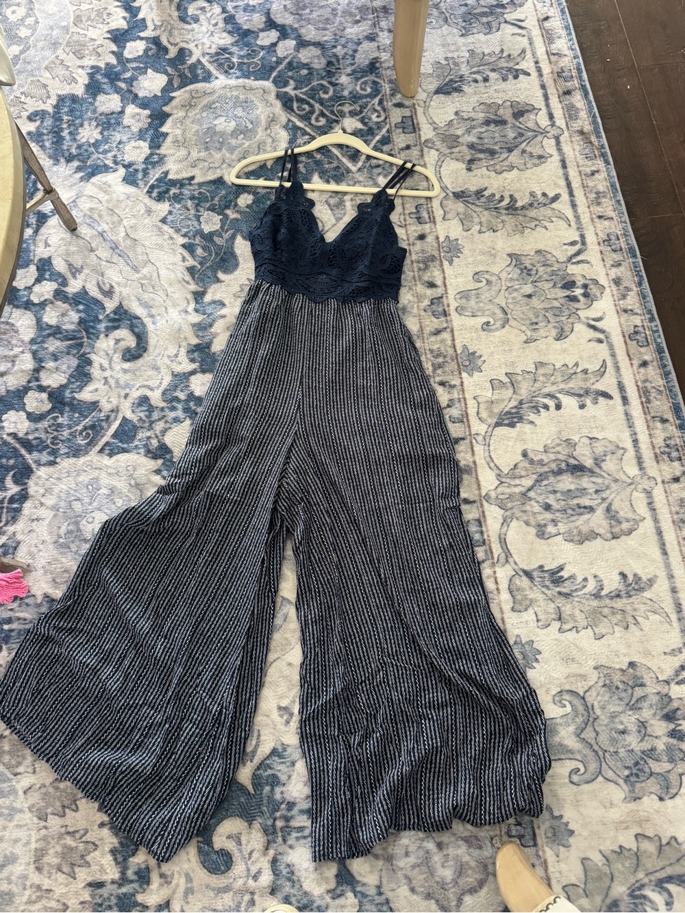 Main Strip Navy Lace Bodice Striped Wide-Leg Jumpsuit